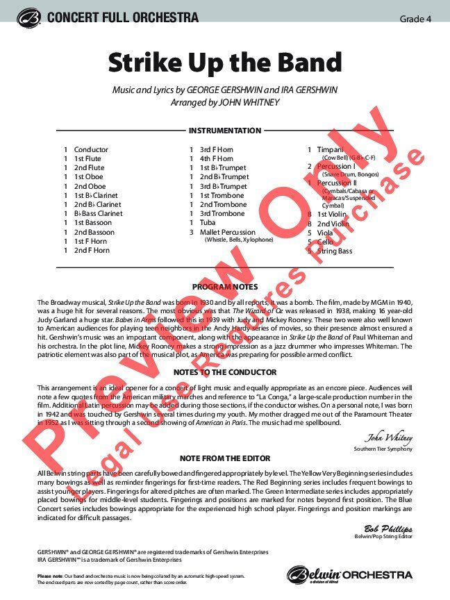 Strike Up the Band for Full Orchestra - George Gershwin, Arr. John Whitney, Alfred Music, Pop Concert Series, 232 Pages