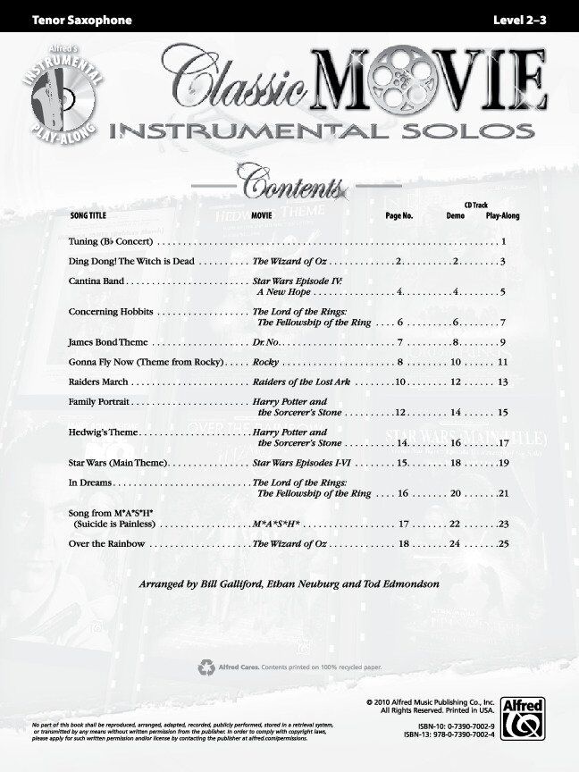 Classic Movie Instrumental Solos for Tenor Saxophone BK/CD
