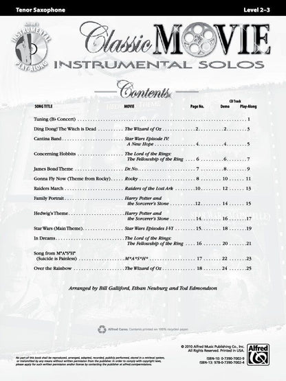 Classic Movie Instrumental Solos for Tenor Saxophone BK/CD