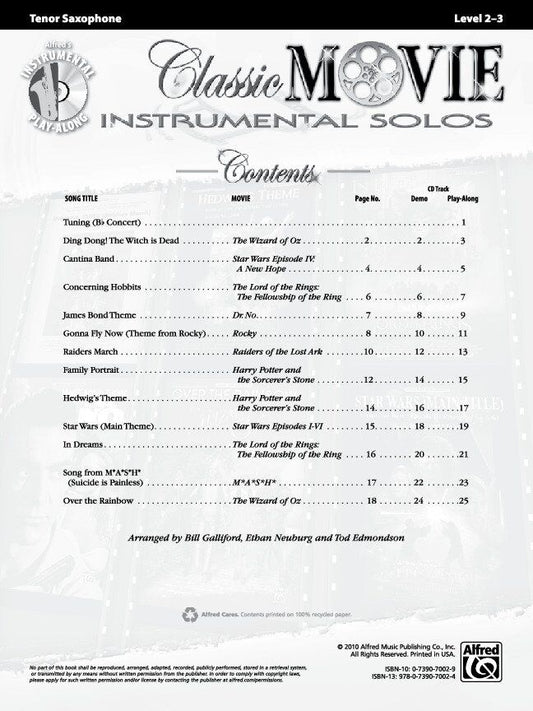 Classic Movie Instrumental Solos for Tenor Saxophone BK/CD