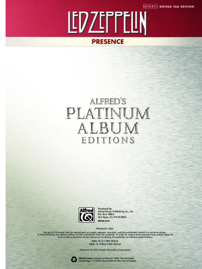 Led Zeppelin - Presence Guitar Tab Platinum Album Edition