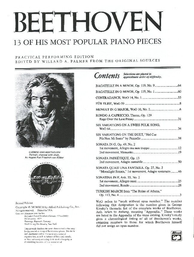 Beethoven - 13 Popular Piano Pieces, Alfred Masterwork Edition, 64 Pages, Includes "Menuet in G Major", "Fr Elise", "Moonlight Sonata"