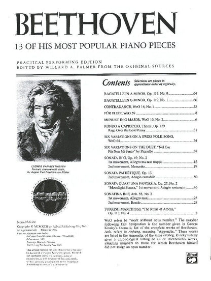 Beethoven - 13 Popular Piano Pieces, Alfred Masterwork Edition, 64 Pages, Includes "Menuet in G Major", "Fr Elise", "Moonlight Sonata"