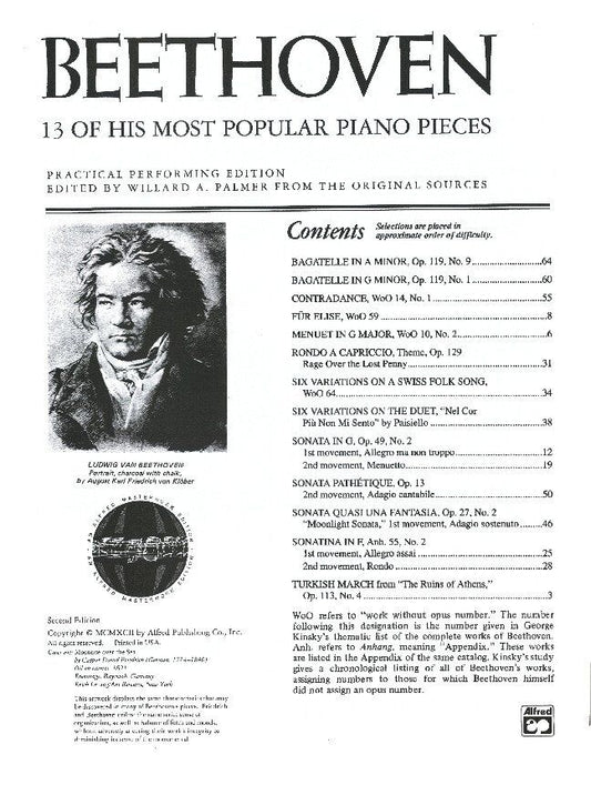 Beethoven - 13 Popular Piano Pieces, Alfred Masterwork Edition, 64 Pages, Includes "Menuet in G Major", "Fr Elise", "Moonlight Sonata"