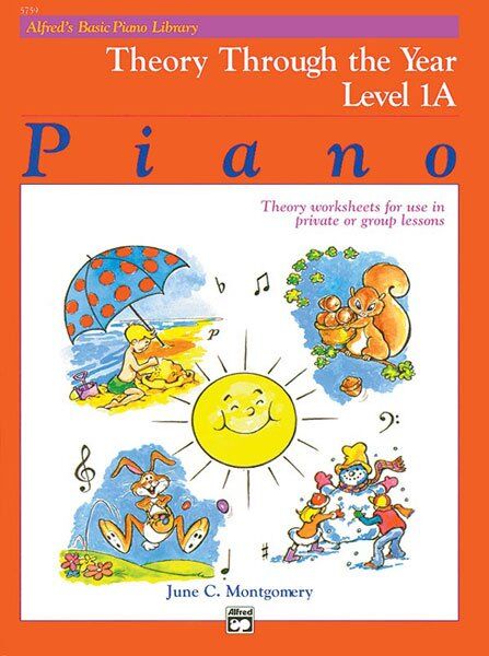 Alfred's Basic Piano Library Theory Through the Year Level 1A by June C. Montgomery, 24 pages, piano exercises and games.