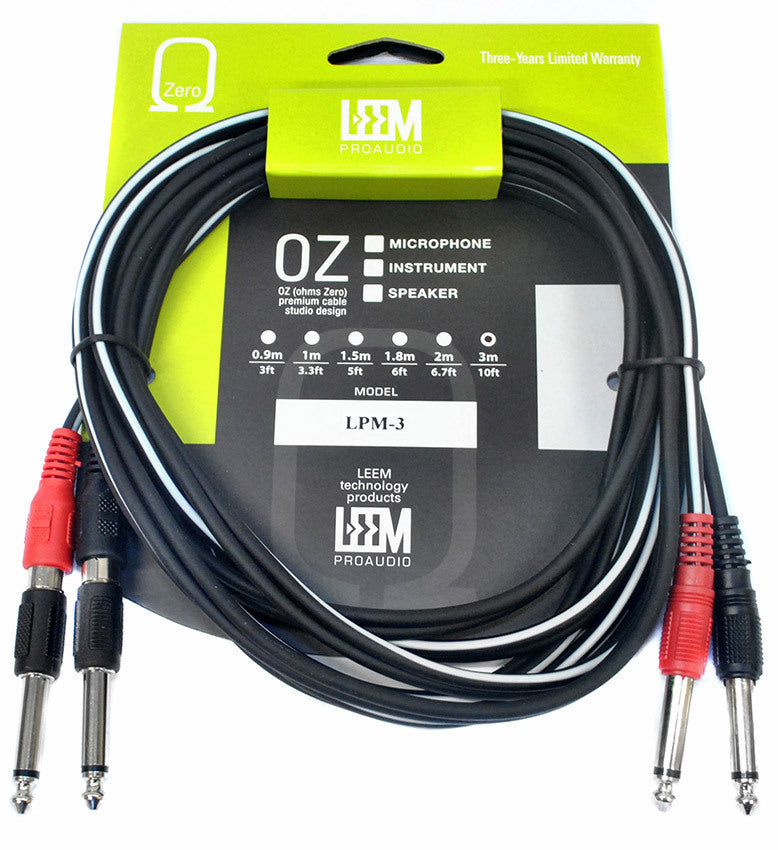 Leem 3m Double Interconnect Cable - 2 x 1/4" Mono Plugs to 2 x RCA Jacks & 2 x 1/4" Mono Plugs