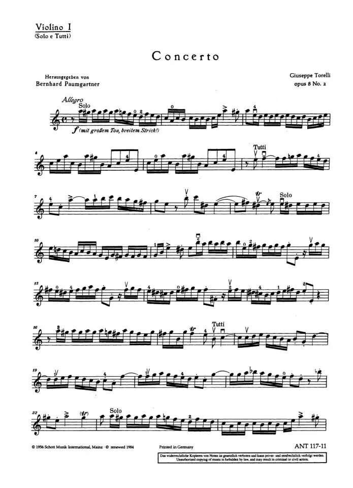 Torelli Concerto Op. 8 No. 2 Violin 1 Solo & Tutti Part - Schott Music, 4 Pages