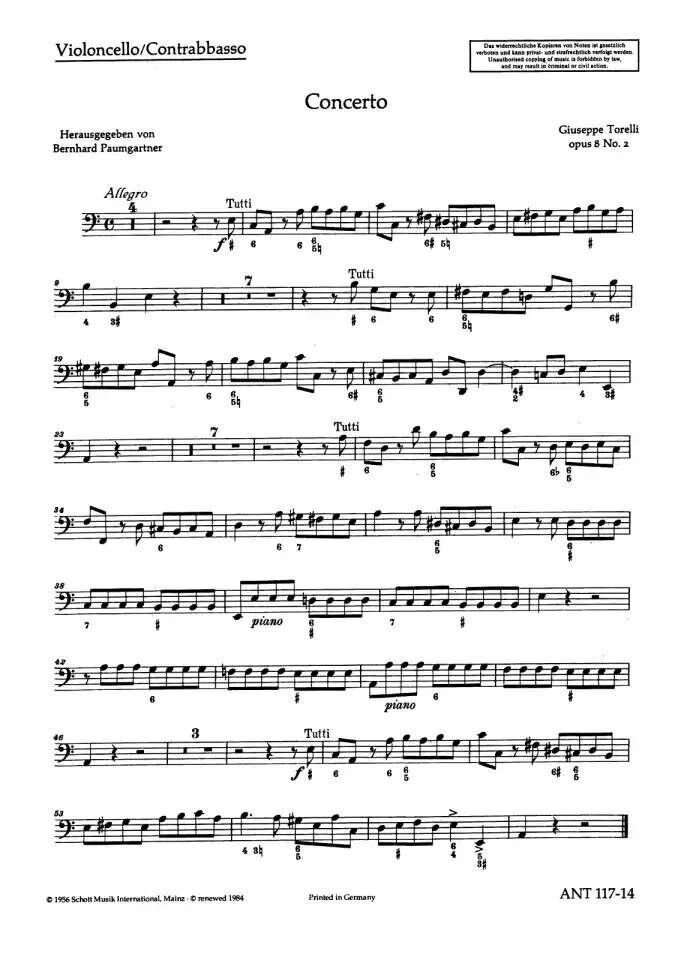 Torelli Concerto Op. 8 No. 2 Cello/Double Bass Part by Schott Music, 3 Pages