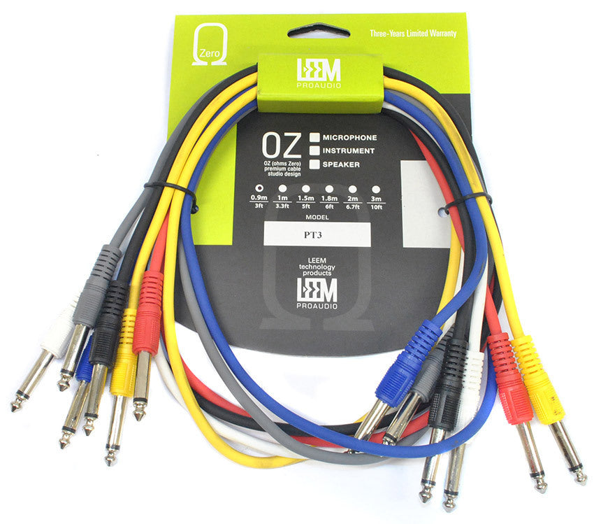 Leem 3ft FX Pedal Patch Cables 6 Pack - 1/4" Straight Plug to 1/4" Straight Plug