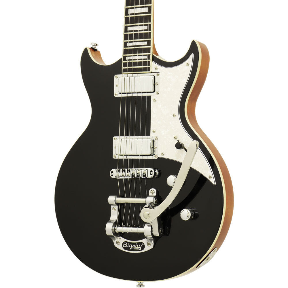 Aria 212-MK2 Bowery Semi-Hollow Electric Guitar Black with Mini-Humbuckers and Bigsby Tailpiece — view 3