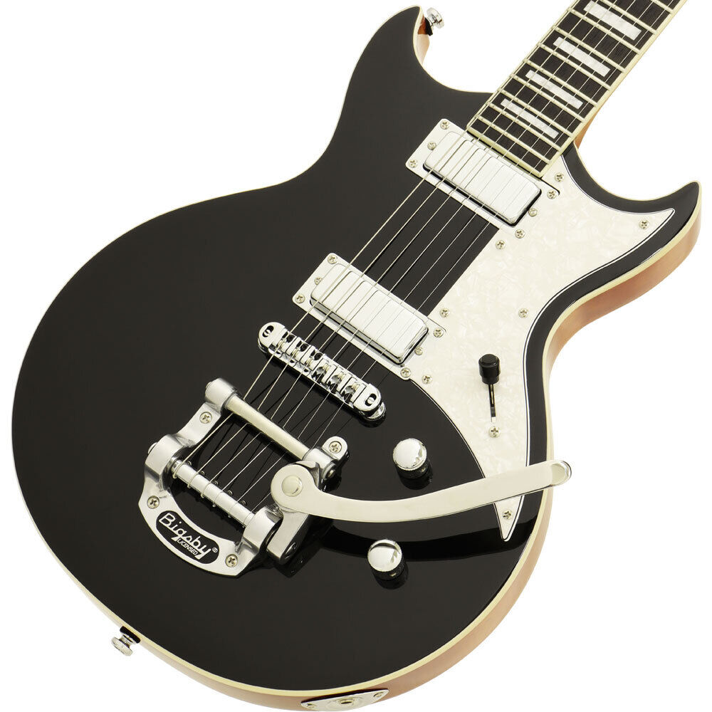 Aria 212-MK2 Bowery Semi-Hollow Electric Guitar Black with Mini-Humbuckers and Bigsby Tailpiece — view 4