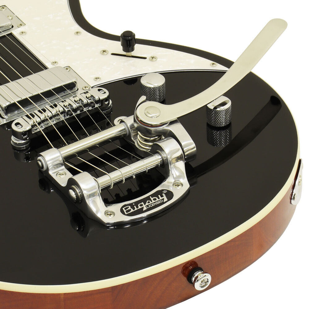 Aria 212-MK2 Bowery Semi-Hollow Electric Guitar Black with Mini-Humbuckers and Bigsby Tailpiece — view 5