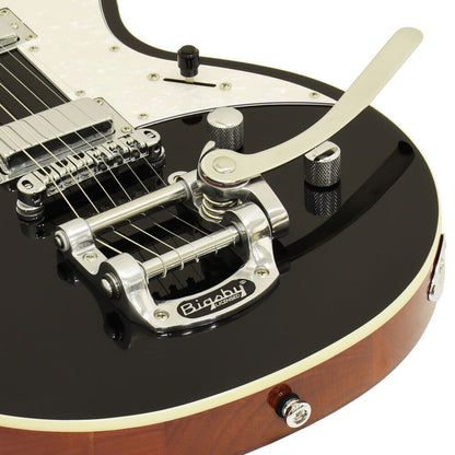 Aria 212-MK2 Bowery Semi-Hollow Electric Guitar Black with Mini-Humbuckers and Bigsby Tailpiece — view 5