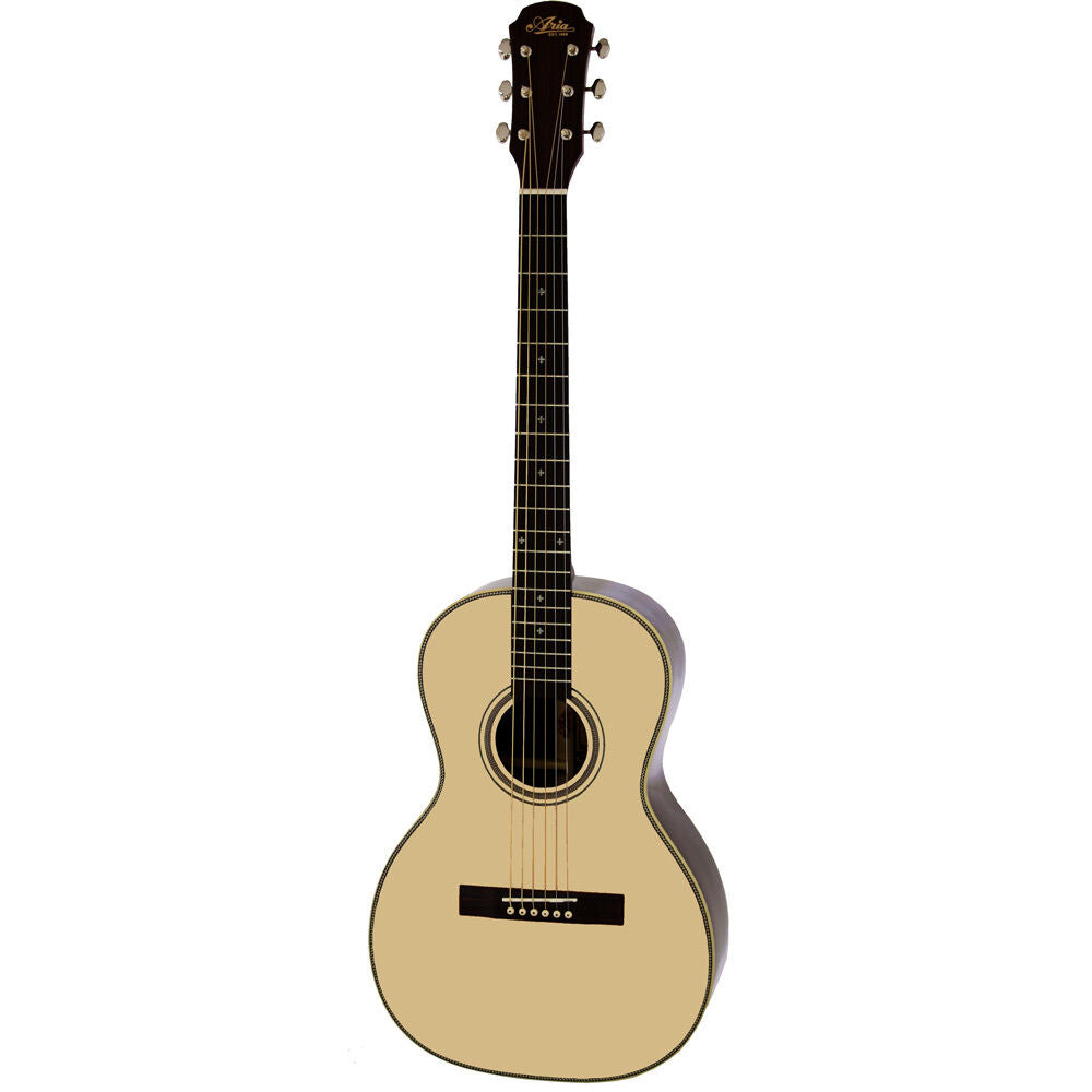 Aria 535 Series All Solid Parlour Body Acoustic Guitar Natural with Hardshell Case