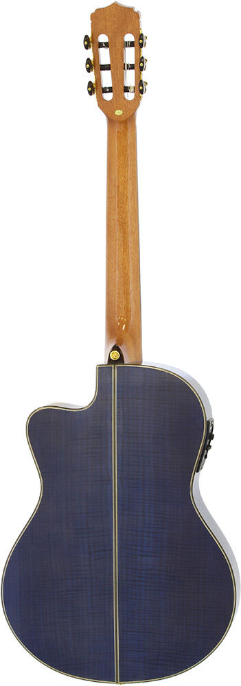 Aria A48CE Thin Body Acoustic/Electric Classical Guitar with Cutaway, Solid Spruce Top, Flamed Maple Back, Fishman Preamp, See-Thru Blue — view 2