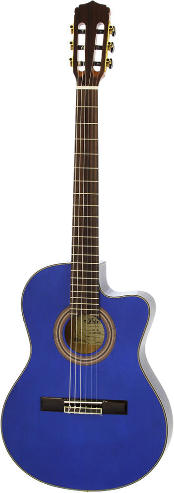 Aria A48CE Thin Body Acoustic/Electric Classical Guitar with Cutaway, Solid Spruce Top, Flamed Maple Back, Fishman Preamp, See-Thru Blue