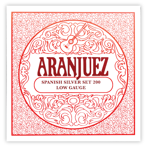 Aranjuez Spanish Silver 200 Low Tension Classical Guitar String Set - Full Set of 6 Strings, Black Nylon Trebles, Silver-Plated Copper Basses