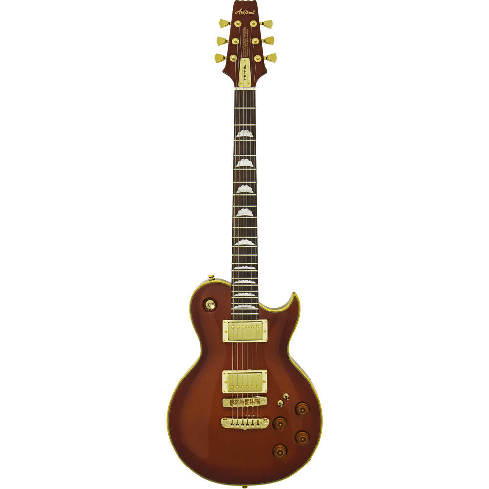 Aria PE-F80 Series Electric Guitar - Stained Brown Gloss, Solid Body, Carved Top, Recessed Knobs, Heel-Less Cutaway, Dual Sound Switches