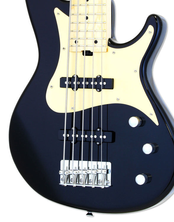 Aria RSB Series Pro-II 5-String Electric Bass Guitar in Black with Gold Pickguard — view 3
