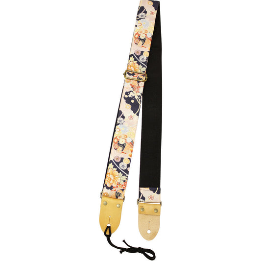 Aria 2" Deluxe Cotton Kimono Guitar Strap with Beige Leather Ends - Vintage Floral Design, Adjustable Length 33" to 59"