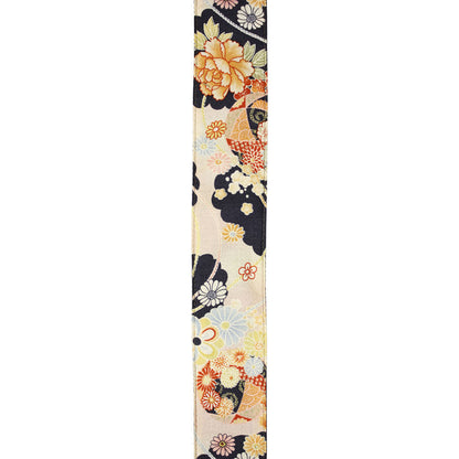 Aria 2" Deluxe Cotton Kimono Guitar Strap with Beige Leather Ends - Vintage Floral Design, Adjustable Length 33" to 59" — view 2