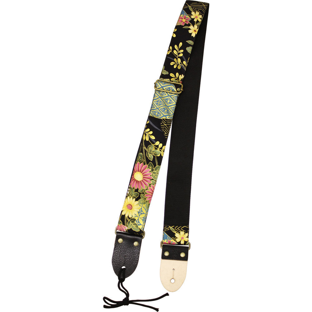 Aria 2" Deluxe Cotton Kimono Guitar Strap with Black Leather Ends, 33"-59" Length, Printed Pattern, Made in Japan