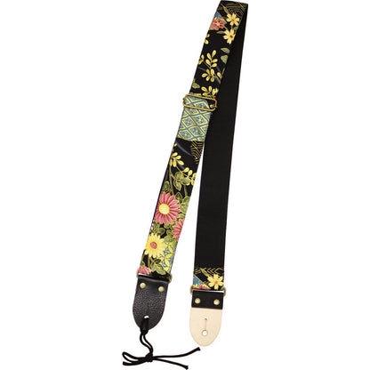 Aria 2" Deluxe Cotton Kimono Guitar Strap with Black Leather Ends, 33"-59" Length, Printed Pattern, Made in Japan