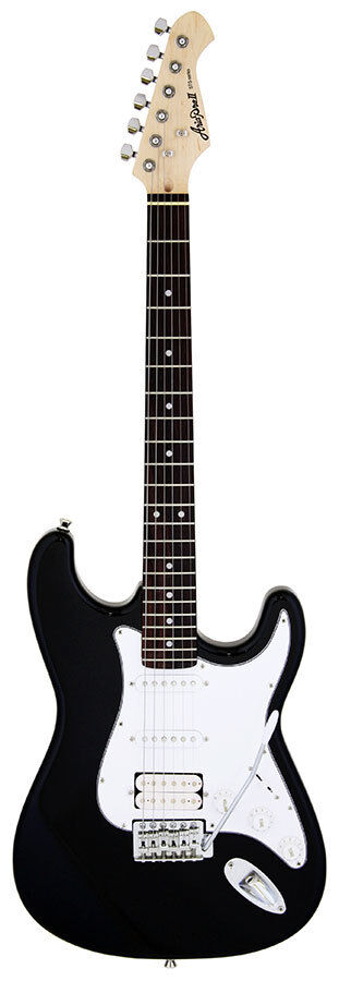 Aria STG-004 Electric Guitar Black with White Pickguard, Solid Body, Maple Neck, Rosewood Fingerboard, 2 Single Coil & 1 Humbucker Pickups