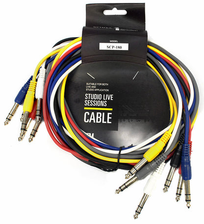 Leem 6ft Stereo Patch Cables 6pk - 1/4" Stereo Jack Plug to 1/4" Stereo Jack Plug, 2m Length, Various Colours