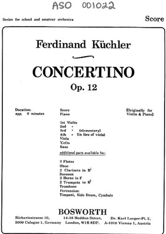 Kuchler - Concertino D Op 12 Orchestra Score/Parts Book