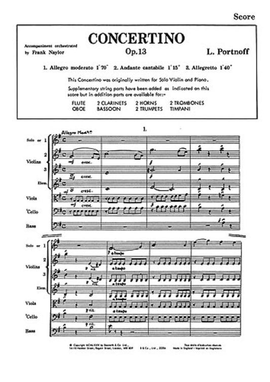 Portnoff - Concertino Op 13 Orchestra Score/Parts Book