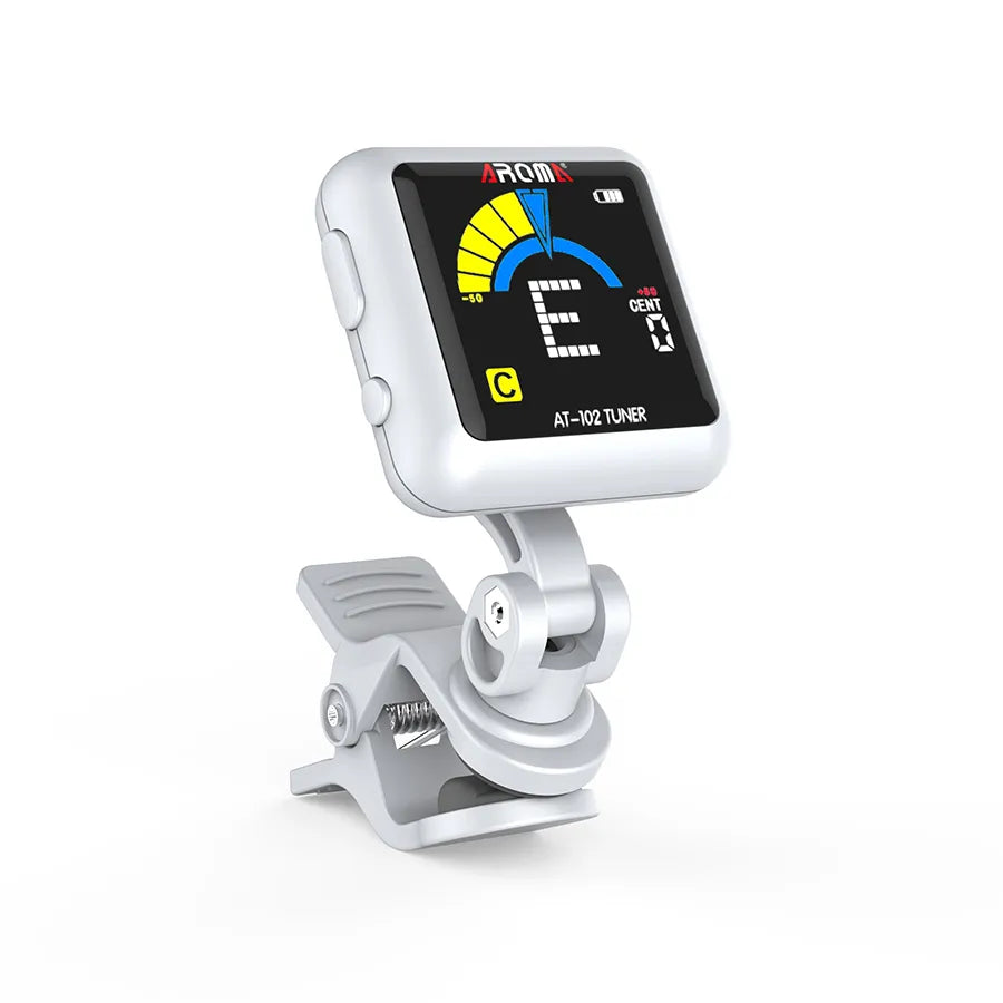 Aroma Rechargeable Clip-on Tuner White [AT102WH] with Advanced Chip Technology and High-Brightness Color Screen for Various Instruments