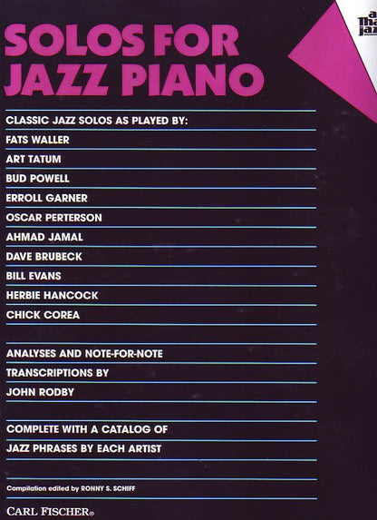 Solos for Jazz Piano - Note-for-Note Transcriptions and Analysis of Classic Jazz Solos, Early Advanced Level, 63 Pages, Published by Carl Fischer