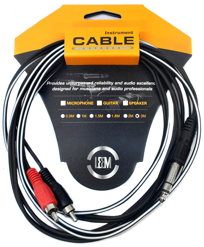 Leem 10ft Y-Cable 1/4" TRS to 2 x RCA Plugs