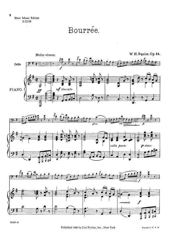 Squire Bourree Op. 24 for Cello and Piano by William Henry Squire, 7 Pages, Publisher: Carl Fischer — view 4