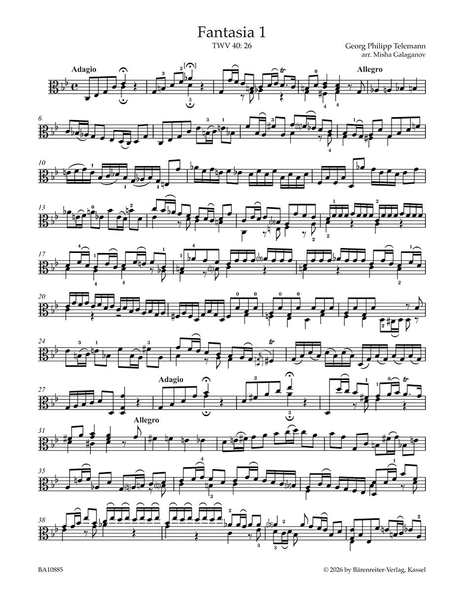 Twelve Fantasias for Viola da Gamba without Bass TWV 40: 26-7 Telemann Viola Solo Barenreiter BA10885 — view 2