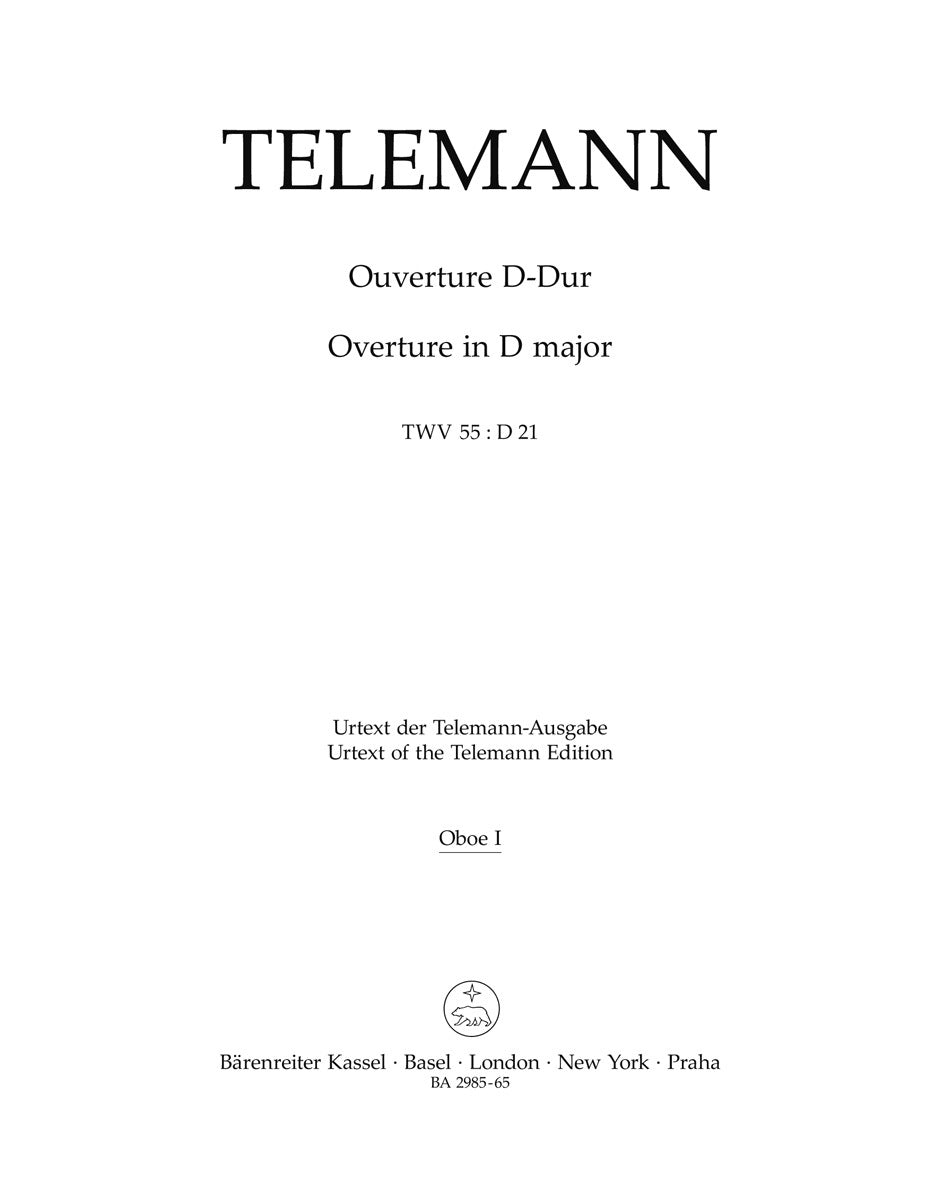 Ouverture Für Zwei Cornes De Chasse, Zwei Oboen (Fagotte), Streicher Und Basso Continuo D-Dur Twv 55:D21