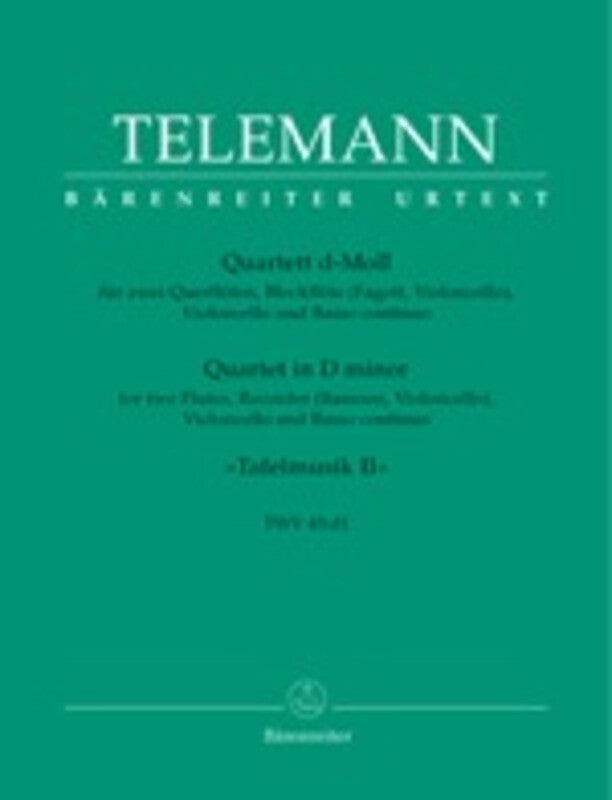 Quartet D Min Twv 43:D1 2Fl Rec Vc Bc Score/Parts Book