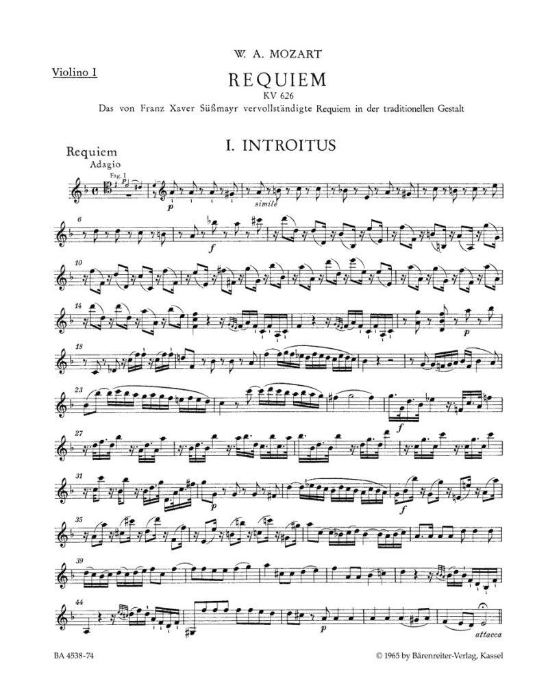 Mozart Requiem K 626 Violin 1 Part - 15 Pages Urtext Edition by Barenreiter