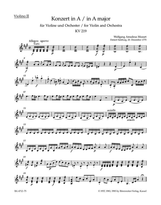Violin Concerto No 5 in A K219 VLN 2 Sheet Music
