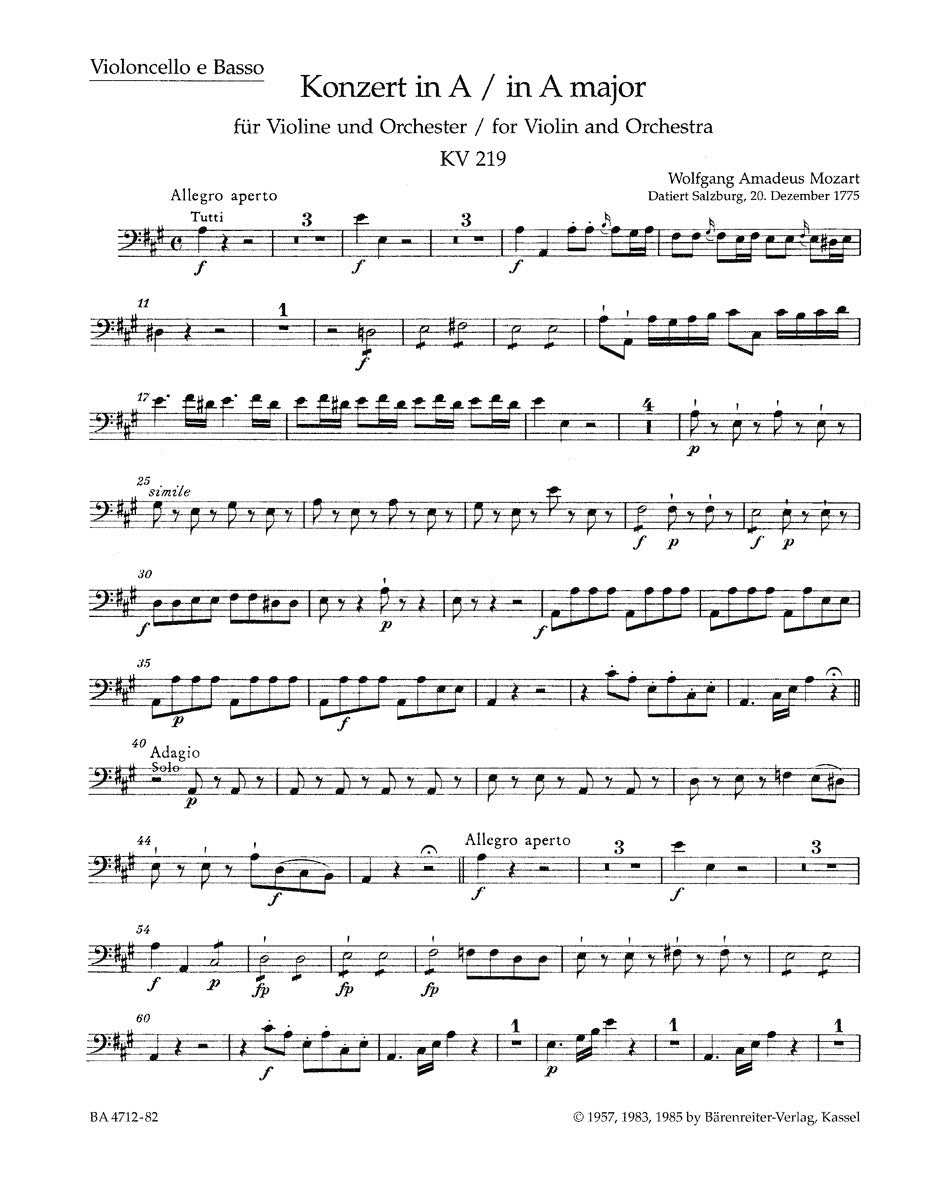 Violin Concerto No 5 in A K219 VC/KBD - Sheet Music