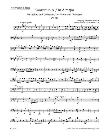 Violin Concerto No 5 in A K219 VC/KBD - Sheet Music