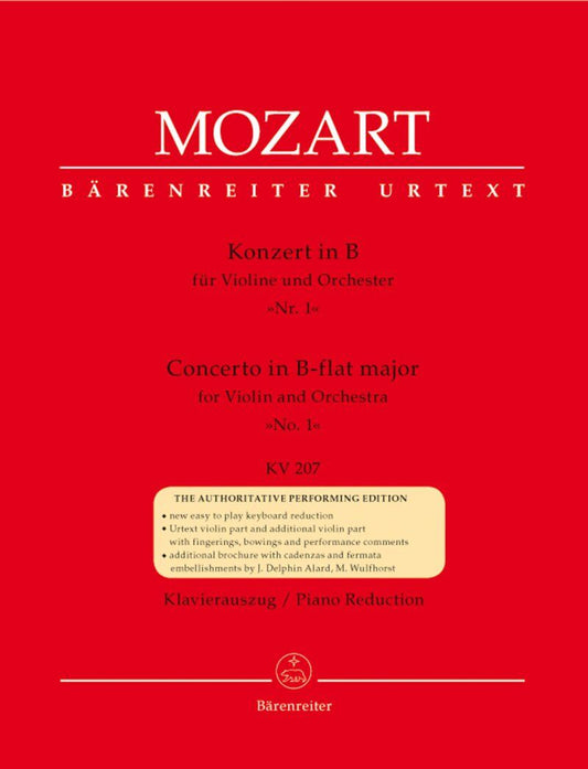 Mozart Concerto No 1 in B Flat K 207 for Violin and Piano with Urtext and Additional Solo Parts