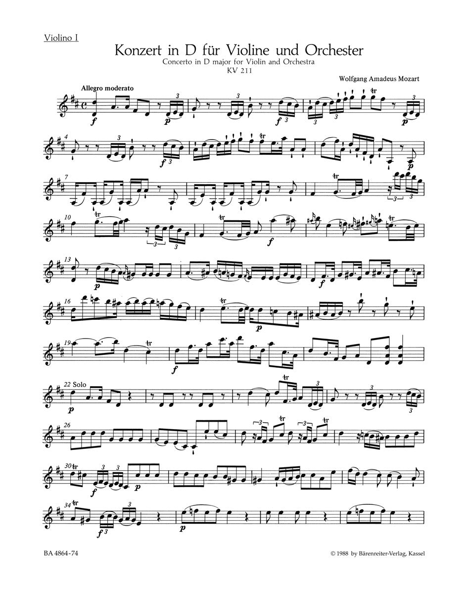 Violin Concerto No 2 in D Major K 211 Sheet Music for Violin I