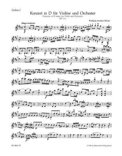 Violin Concerto No 2 in D Major K 211 Sheet Music for Violin I