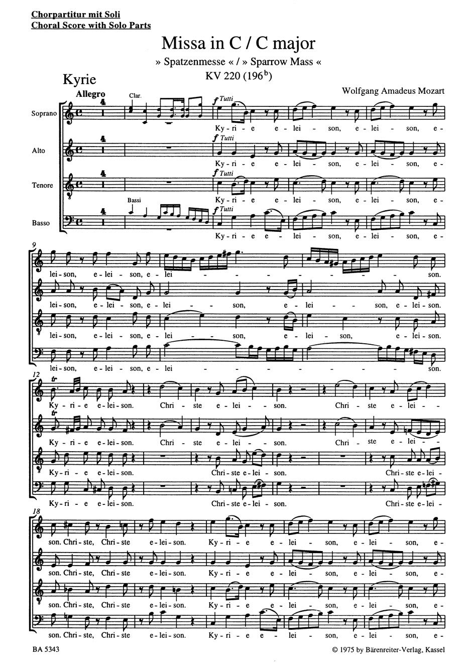 Missa In C Major K. 220 (196B) "Sparrow Mass"