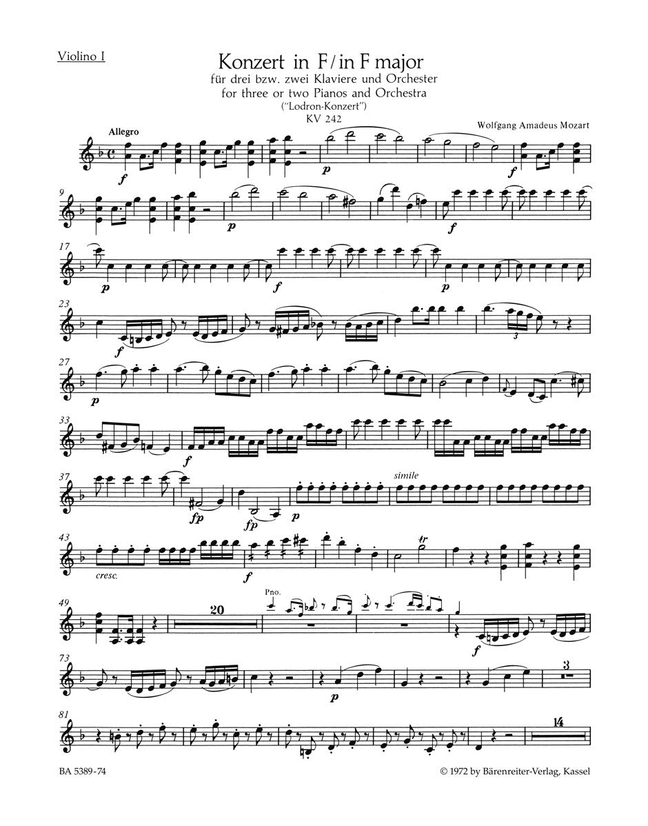 Concerto For Three Or Two Pianos And Orchestra No. 7 In F Major K. 242 "Lodron Concerto"