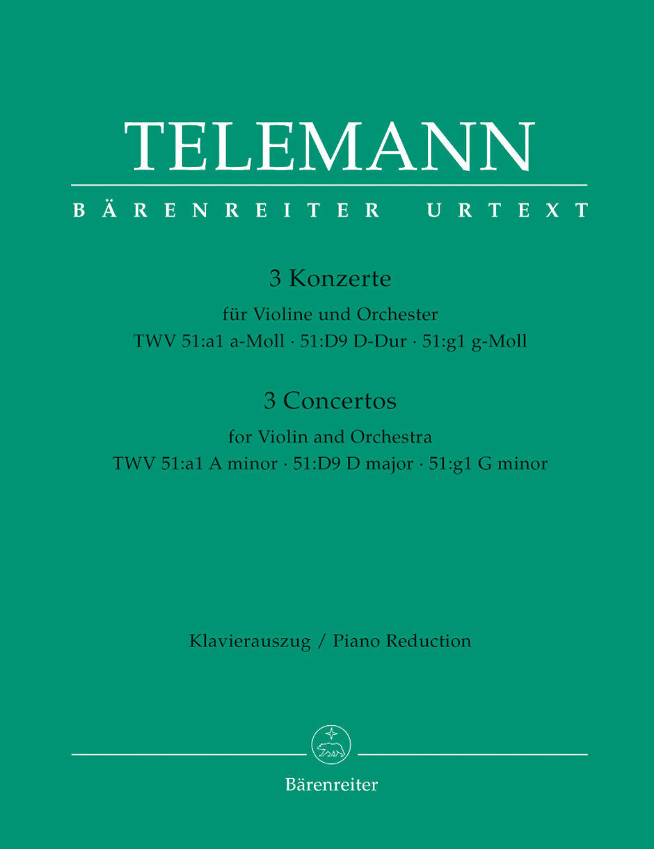 Telemann Three Violin Concertos for Violin and Piano Sheet Music