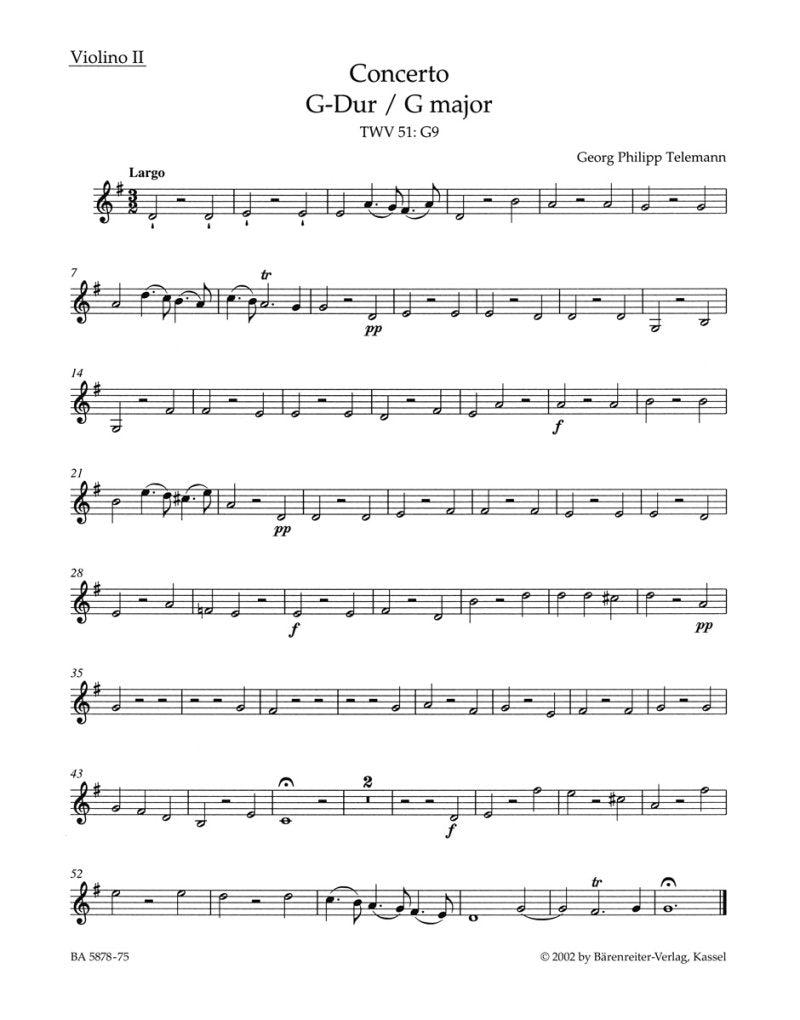 Telemann: Concerto in G for Viola, Strings & BC, TWV 51:G9 — Violin II Part, Urtext (Bärenreiter)