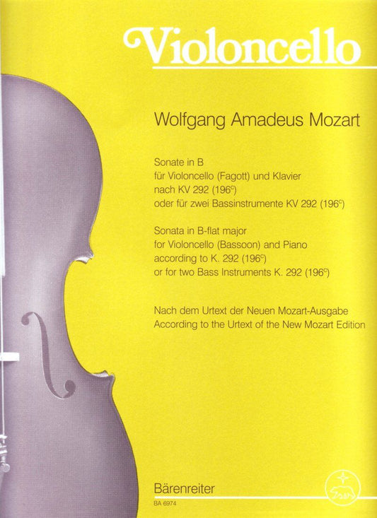 Mozart Sonata in B Flat K 292 for Cello and Bassoon with Piano Accompaniment - Urtext Edition, 26 Pages, Barenreiter